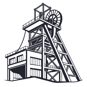 Black and white illustration of a mine shaft headframe structure