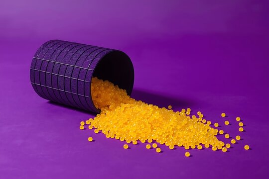 Yellow plastic pellets spilling from a textured purple cylinder onto a purple background, raw material, manufacturing, industrial supplies, bright colors, Plastic Resin