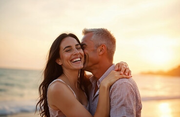 Fototapeta premium Couple hugging on beach at sunset. Man whispers to woman, both laughing joyfully. Warm golden light reflects off ocean waves behind them.