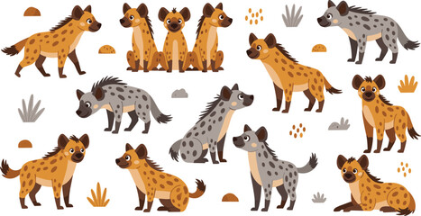 Obraz premium Hyena Animal Collection Featuring Cartoon Wildlife Characters in Various Poses for Safari, African Savanna, and Nature Illustration Design Projects.
