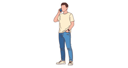 Fototapeta premium Man Talking on Phone Casual Attire Standing Isolated White Background Minimalist Style