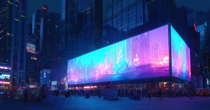 Large illuminated digital display screen in a city at dusk vibrant colors