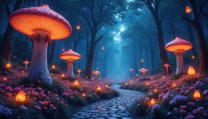Naklejka premium Magical forest path with giant glowing mushrooms and luminous flowers. Mystical woods at night, fantasy nature landscape, enchanted fairytale scene with soft lights.
