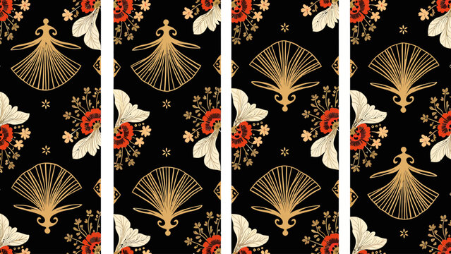 Elegant seamless geometric art deco pattern featuring abstract diamond shapes in gold and black for luxury vintage wallpapers and premium textile design.