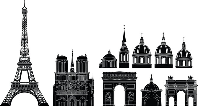 Paris landmark silhouettes collection featuring Eiffel Tower, Notre Dame, and Arc de Triomphe, black vector illustration isolated for travel, tourism, and architecture design