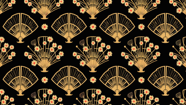 Elegant seamless art deco pattern featuring abstract geometric shell motifs in gold and black for luxury vintage wallpapers and sophisticated interior decor.