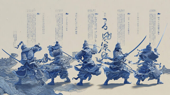 Monochrome Blue Chinese Warriors in Traditional Armor with Sword Poses and Calligraphy Background