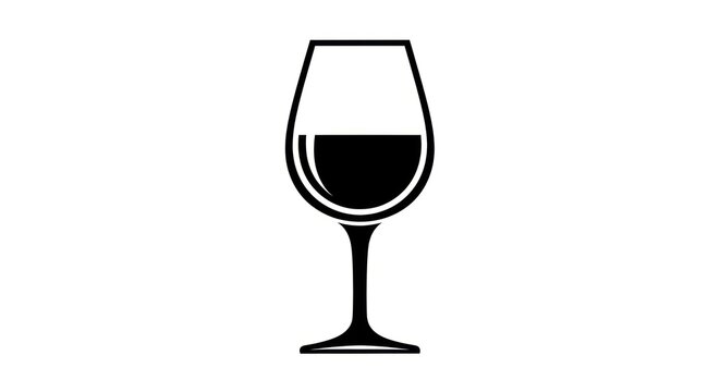 Elegant black and white illustration of a wine glass filled with red wine. Simple and minimalist design for wine or drinks concepts.