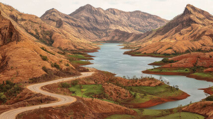 Fototapeta premium Aerial View of a Winding Road Navigating Through a Rugged Mountain River Valley