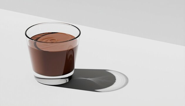 Clear Glass Filled With Rich Chocolate Drink On A White Table With Soft Shadows And Clean Background