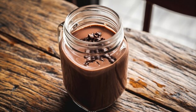 Close up of a rich chocolate milkshake in a mason jar topped with chocolate shavings and sitting on a rustic wooden table bathed in warm natural light perfect for a decadent dessert or beverage