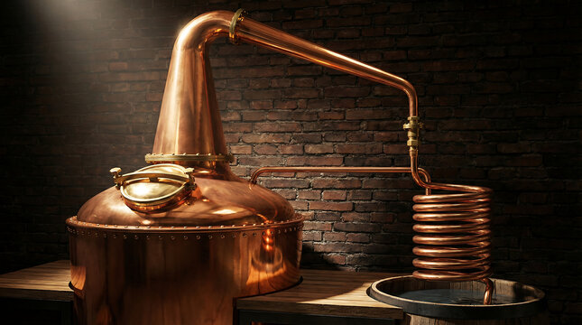 Vintage Copper Still Equipment for Alcohol Distillation in a Rustic Brewery Setting