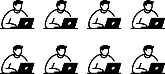Obraz premium Remote work outline icon. Worker at desk with laptop. Minimalist vector pictogram for coworking, freelance, and workspace concepts
