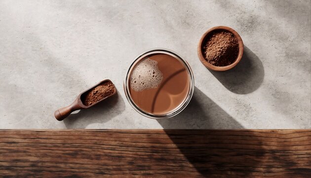 Overhead view of a rich chocolate beverage in a clear glass mug with a wooden scoop of cocoa powder and a small wooden bowl filled with finely ground coffee beans set against a textured grey surface