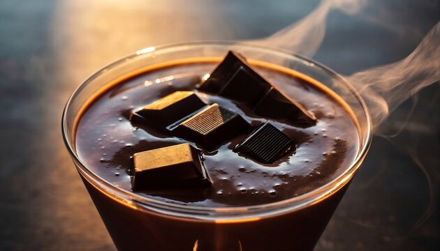 Rich Dark Chocolate Mousse Dessert Garnished with Dark Chocolate Chunks in a Martini Glass with Warm Lighting and Steam Rising