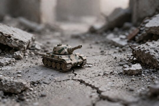 Miniature Toy Tank on Ruined Ground and Debris Symbolizing Children in War Zones