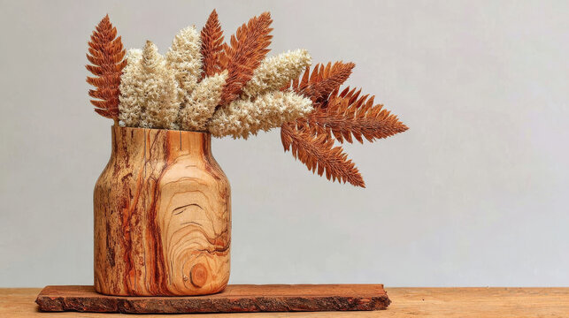 Rustic Wooden Vase with Dried Ornamental Grass and Foliage on a Table