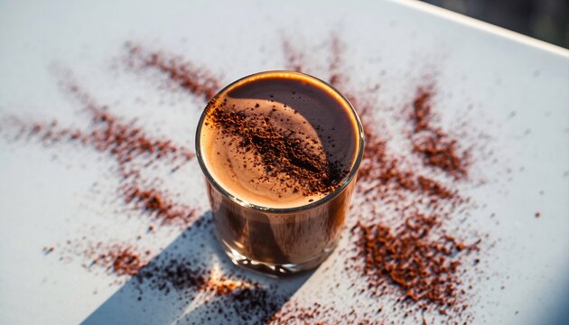 Rich Dark Chocolate Drink Sprinkled With Cocoa Powder In A Clear Glass Cup On A White Surface With Sunlighting