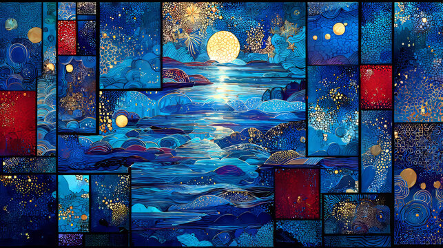 Intricate Stained Glass Mosaic Landscape with Moons and Swirling Waves in Shades of Blue and Gold