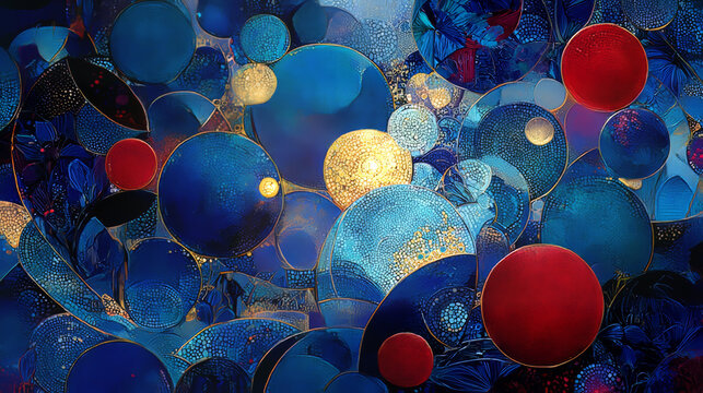 Abstract Mosaic of Vibrant Blue Red and Gold Spheres