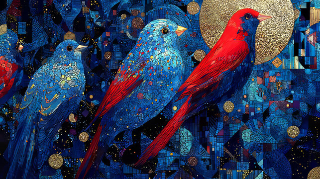 Artistic Mosaic Style Illustration of Colorful Birds in a Celestial Night