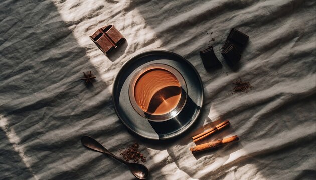 Warm overhead view of a dark mug filled with rich hot chocolate surrounded by scattered chocolate pieces and coffee beans on a textured white surface illuminated by dappled sunlight creating a cozy