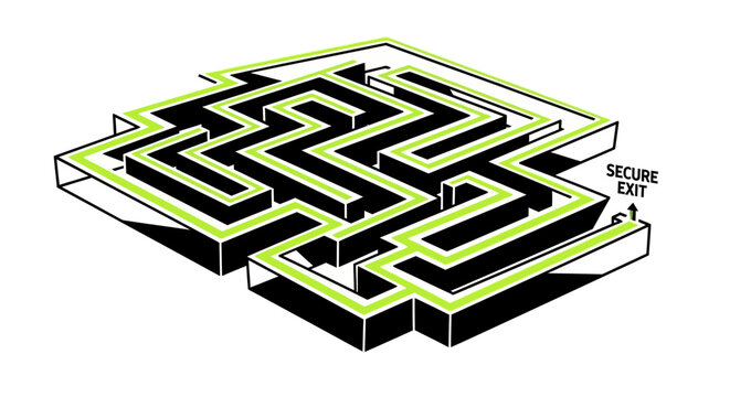 Isometric view of a complex maze rendered in a minimalist style, pathways highlighted in vibrant green, suggesting a path to a 'secure exit' and representing problem-solving and strategic pl