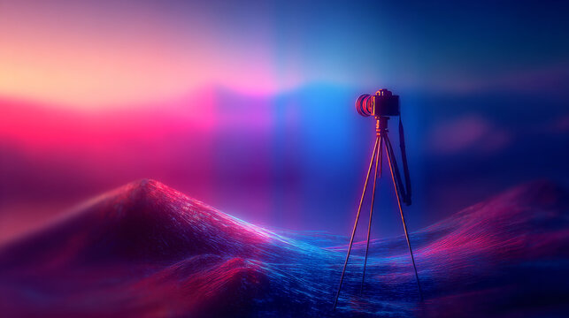 Professional Camera on Tripod in a Vibrant Neon Digital Landscape