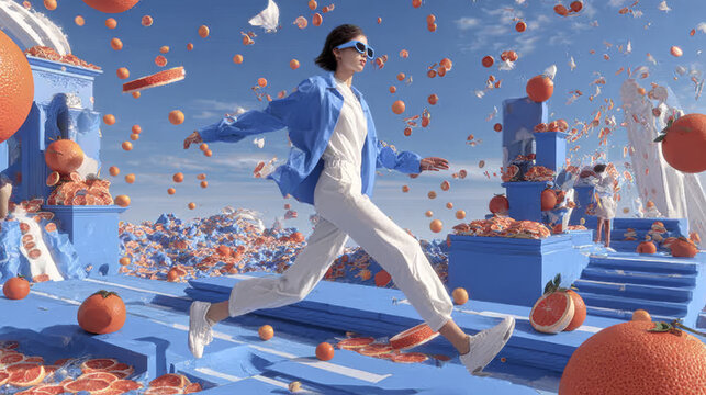 Surreal Digital Illustration of a Young Woman Leaping Through a Blue Dreamscape with Floating Oranges