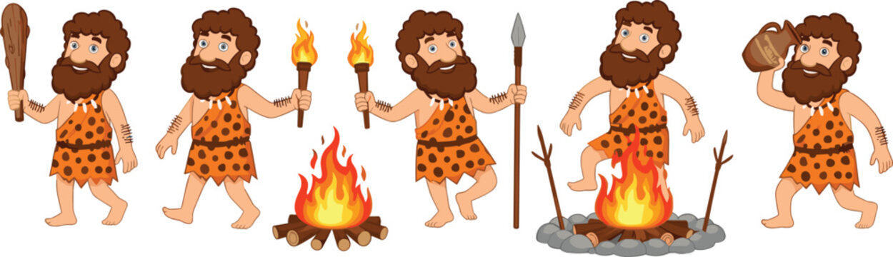 Caveman Character Set with Fire, Torch, Spear, and Primitive Tools for Prehistoric Illustration Design