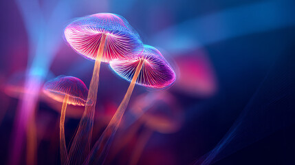 Fototapeta premium Bioluminescent Neon Mushrooms in a Futuristic Digital Fantasy Forest