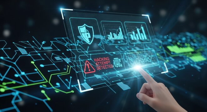 Abstract digital interface touching virtual screen representing cybersecurity protection with data privacy and hacking alert prevention