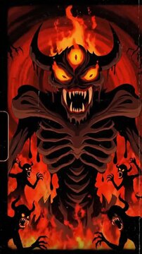 Grim demons rise from dark nightmares as shadows twist in fiery chaos and terror