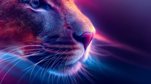 Digital Art of a Majestic Feline Face with Vibrant Neon Glow