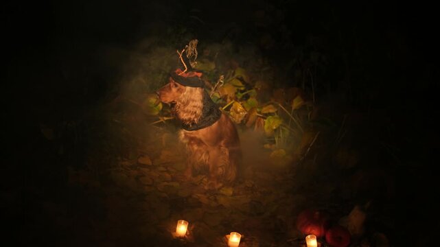 Cute english cocker spaniel wearing a witch hat sits in a dark, foggy forest surrounded by candles and pumpkins, creating a mystical and spooky halloween atmosphere for all saints' eve