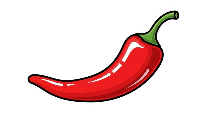Illustration of a vibrant red chili pepper with green stem on white background, food icon, spice ingredient.