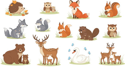 Obraz premium Forest animals family collection with fox, bear, deer, owl, squirrel and swan, hand drawn colorful vector illustration for children books and nature themed designs