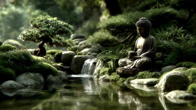 Zen Buddhism, meditation, inner peace, Chinese Japanese Asian tradition. Therapy stress release treatment, health lifestyle. A serene garden scene features a Buddha statue seated in a meditative pose.