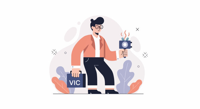 Animated person with camera and briefcase, digital art style