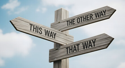 Fototapeta premium A prominent wooden signpost stands against a clear, slightly cloudy sky, prominently displaying three distinct directional arrows with the conflicting labels 'this way,' 'the other way,'