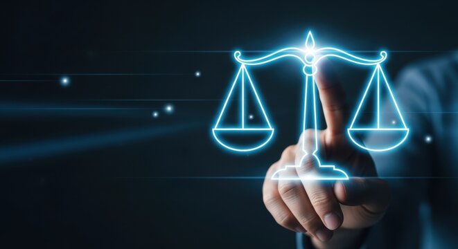 Digitale Justiz und Recht: Gesch&auml;ftsmann interagiert mit einer virtuellen blauen Waage