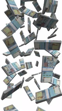 Vertical Guatemala Money, Falling Guatemalan Quetzal Bills, Cash Stacks Isolated on White, 4K