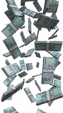 Vertical Guinea Money, Falling Guinean Franc Bills, Cash Stacks Isolated on White, 4K