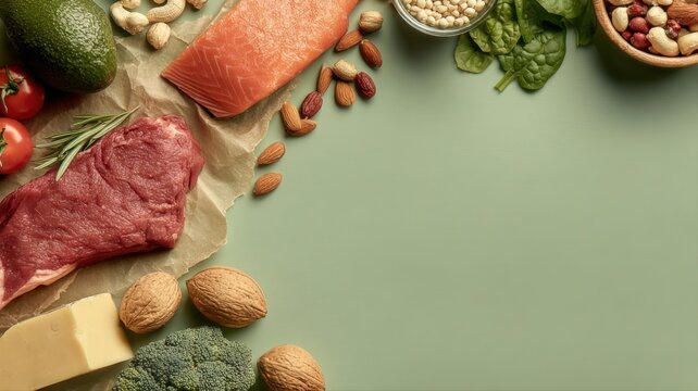 Healthy High Fat Food Composition: Vibrant Display of Keto and Paleo Diet Essentials on Green Background