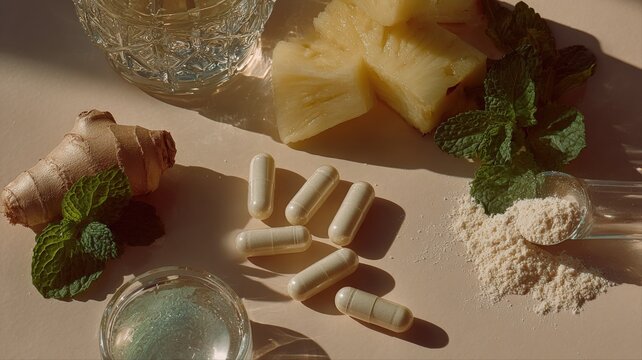 Nutritional Supplement Still Life Featuring Pineapple, Ginger, and Mint for Wellness and Healthy Lifestyle