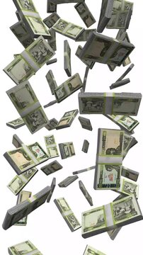 Vertical Eritrea Money, Falling Eritrean Nakfa Bills, Cash Stacks Isolated on White, 4K