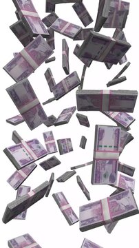 Vertical Ethiopia Money, Falling Ethiopian Birr Bills, Cash Stacks Isolated on White, 4K