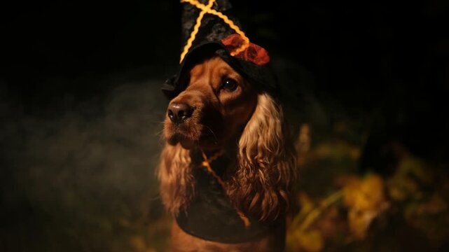 Cute english cocker spaniel wearing a witch hat costume for halloween, sitting in a spooky, dark, and foggy autumn forest at night while looking around with curiosity and attention