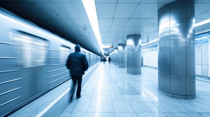 Fototapeta premium Urban Commute: Blurred Subway Train with Passengers Waiting on Platform in Modern Underground Station