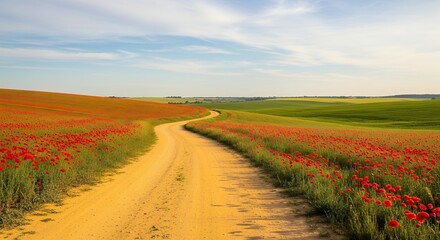 Naklejka premium A winding dirt road runs through a vibrant field of red poppies on transparent background